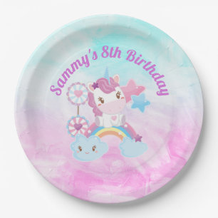 Süßes Kawaii Träumerisches Einhorn Regenbogen Wolk Pappteller