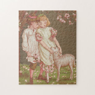 Süßes kitschiges Vintage-Valentin, Kinder mit Lamm