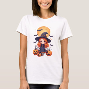 Süßes kleines Hexenmädchen mit Kürbissen und Flede T-Shirt