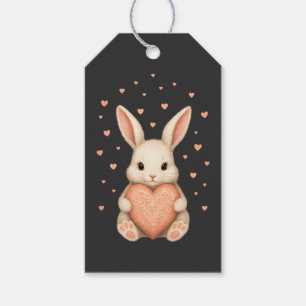 Süßes kleines Kaninchen mit Herz auf dunkler Holzk Geschenkanhänger