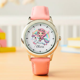 Süßes kleines Mädchen auf Einhorn Armbanduhr