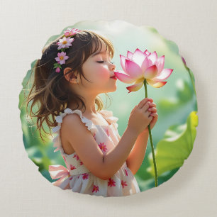 Süßes kleines Mädchen, das an einer Blume riecht Rundes Kissen