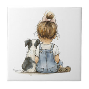 süßes kleines Mädchen mit ihrem Hund Fliese