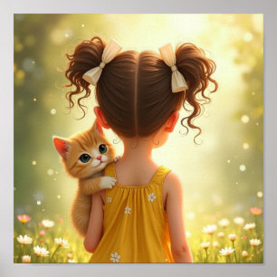 Süßes kleines Mädchen mit ihrem Kätzchen Poster