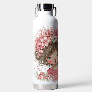 SÜßES KLEINES MÄDCHEN MIT ROSA BLUMEN TRINKFLASCHE