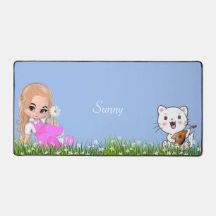Süßes kleines Mädchen und Katze mit Blumen  Schreibtischunterlage