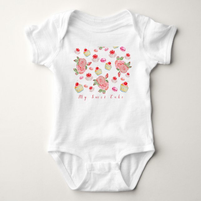 Süßes Kuchen und Rose in Aquarell Baby Strampler (Vorderseite)