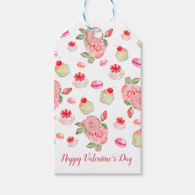 Süßes Kuchen und Rose in Aquarell Geschenkanhänger (Vorderseite)