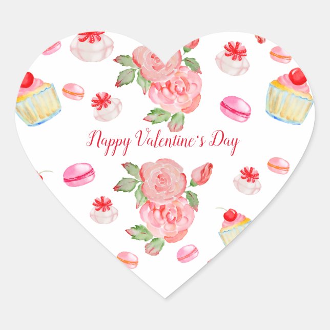 Süßes Kuchen und Rose in Aquarell Herz-Aufkleber (Vorderseite)