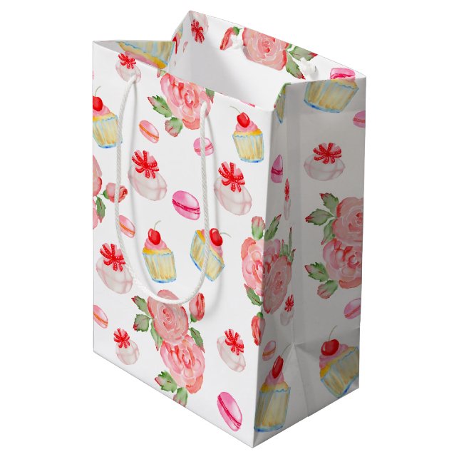 Süßes Kuchen und Rose in Aquarell Mittlere Geschenktüte (Rückseite Schrägansicht)