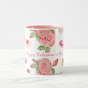 Süßes Kuchen und Rose in Aquarell Zweifarbige Tasse