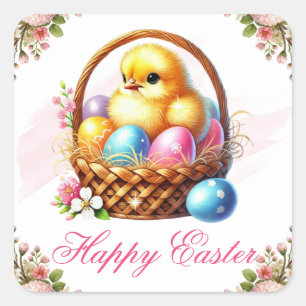 Süßes Küken mit bunten Eiern Frohe Ostern Quadratischer Aufkleber