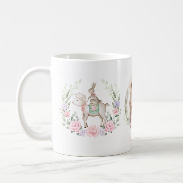 Süßes Lamm & Bunny Rabbit Frühlingsfloral Ostern Kaffeetasse (Links)