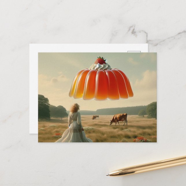 Süßes Leckerei UFO mit Schlagsahne und Erdbeere Postkarte (Vorderseite/Rückseite Beispiel)