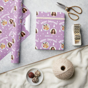 Süßes lila Rentier Kind`s Name Foto Weihnachten Geschenkpapier