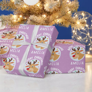 Süßes lila Rentier Kind`s Name Frohe Weihnachten Geschenkpapier