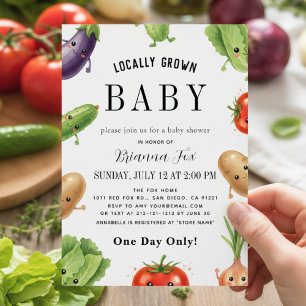 Süßes lokal angebautes Gemüse Baby Shower auf dem  Einladung