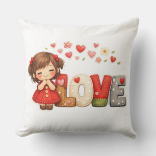 Süßes "LOVE"-Herz & Chibi-Mädchen-Wurfkissen Kissen