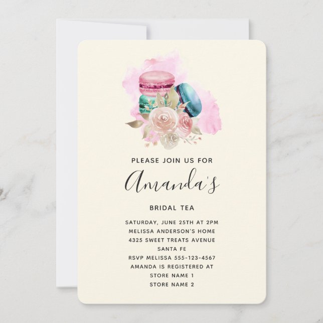 Süßes Macarons und Blume Wasserfarbenes Bridal Tee Einladung (Vorderseite)