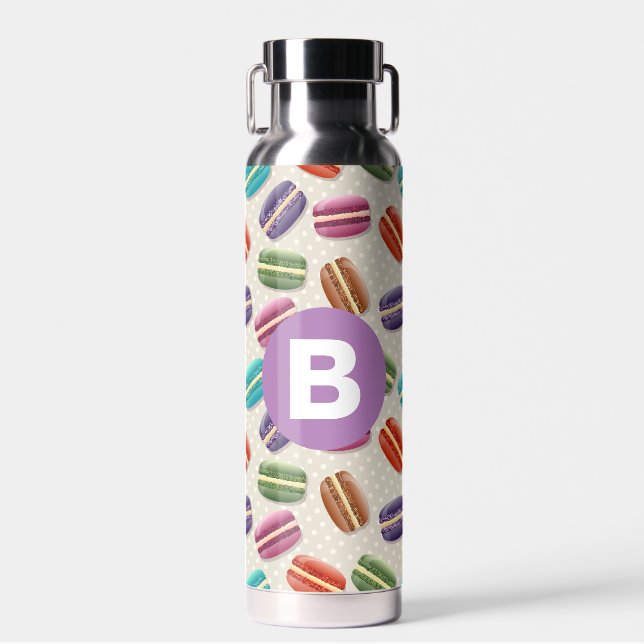Süßes Macaroon-Muster gepunktetes lila Monogramm Trinkflasche (Vorne)