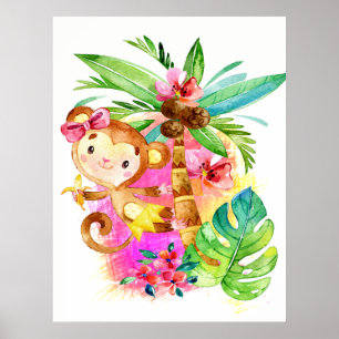 Süßes Mädchen-Affe klettert auf einen Baum Poster