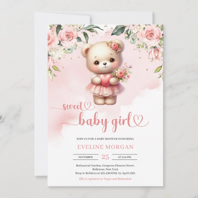 Süßes Mädchen Aquarell Teddy Bärchen Blütenblüte Einladung (Vorderseite)