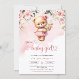Süßes Mädchen Aquarell Teddy Bärchen Blütenblüte Einladung