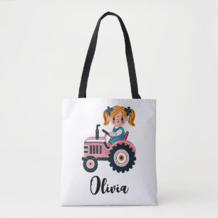 Süßes Mädchen auf rosa Traktor Personalisiert Tasche