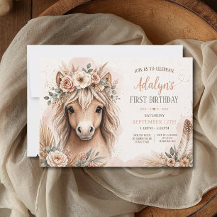 Süßes Mädchen Boho-Pferd zum ersten Geburtstag Einladung