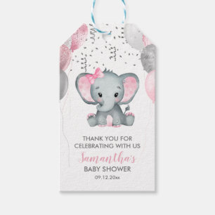 Süßes Mädchen Elefant Rosa Ballons Baby Shower Geschenkanhänger
