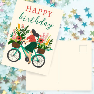 Süßes Mädchen fährt Fahrrad mit Blumen Alles Gute  Postkarte