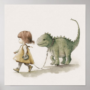 Süßes Mädchen geht mit Dinosaurier Wandkunstposter Poster