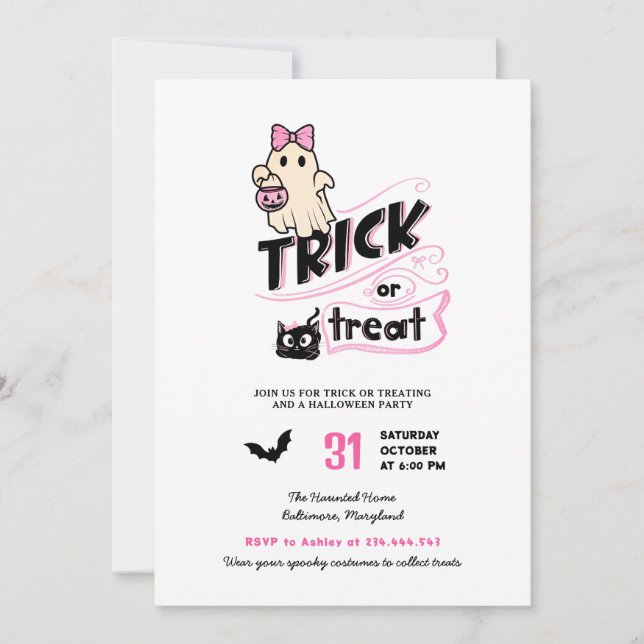 Süßes Mädchen-Geist-Trick oder Treat-Halloween-Kat Einladung (Vorderseite)