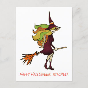 Süßes Mädchen glückliches Halloween Hexen Hexenkos Einladungspostkarte