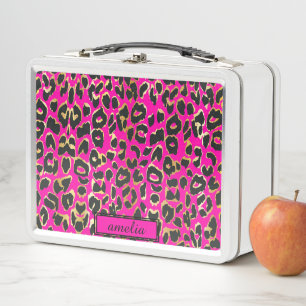 Süßes Mädchen-Hot-Pink-Schwarz-Gold-Leoparden-Druc Metall Brotdose