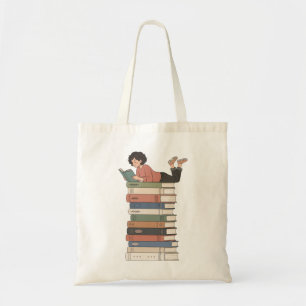 Süßes Mädchen liest Stapel Bücher Kunst Tragetasche