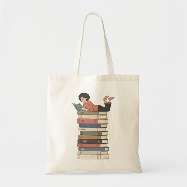 Süßes Mädchen liest Stapel Bücher Kunst Tragetasche (Vorne)