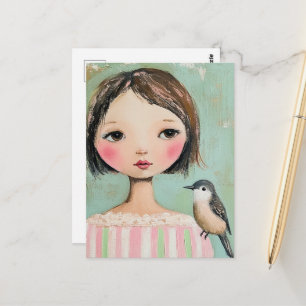 Süßes Mädchen mit einem Vogel auf der Schulter Postkarte