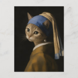 Süßes Mädchen mit einer Perlenohrring-Katzenkunst Postkarte