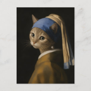 Süßes Mädchen mit einer Perlenohrring-Katzenkunst Postkarte