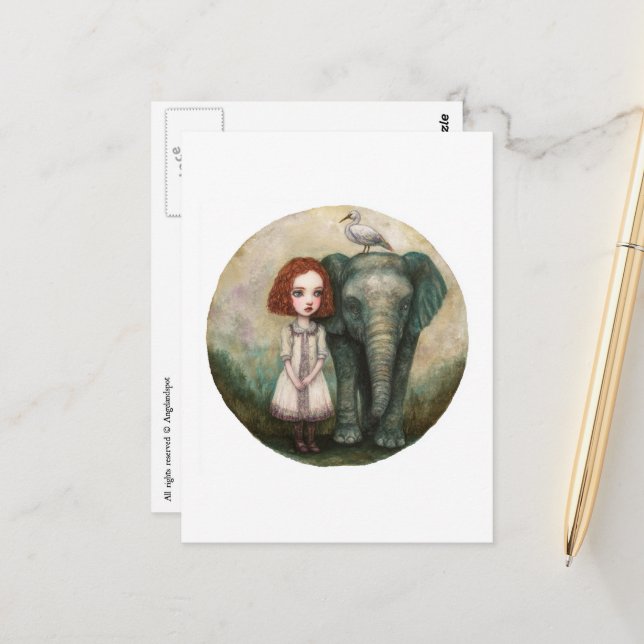 Süßes Mädchen mit Elefant und Vogel Postkarte (Vorderseite/Rückseite Beispiel)