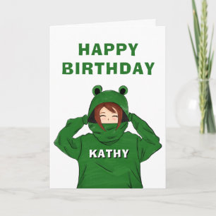 Süßes Mädchen mit grünem Frosch-Hoodie-Zeichnung z Karte