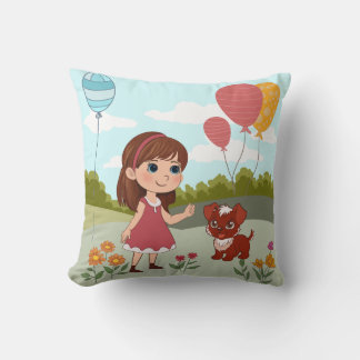 Süßes Mädchen mit Hund und Ballons  Kissen