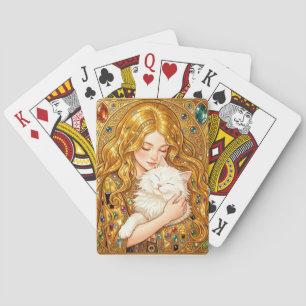 Süßes Mädchen mit Katze im Jugendstil von Gustav K Spielkarten