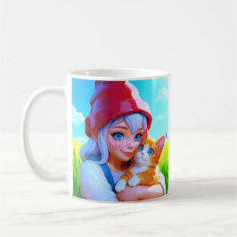 Süßes Mädchen mit Katze Kaffeetasse
