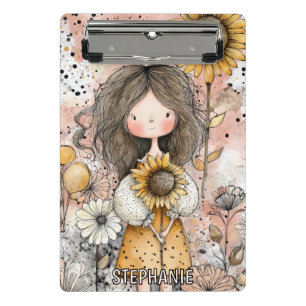 Süßes Mädchen mit Sonnenblume in Senfgelb Mini Klemmbrett