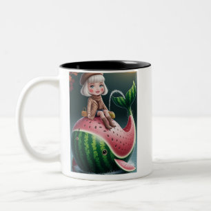Süßes Mädchen reitet auf einem Wassermelonenwal Zweifarbige Tasse