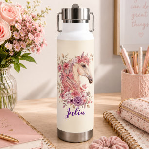 Süßes Mädchen Rosa Lila Florales Pferd Monogramm Trinkflasche