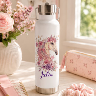 Süßes Mädchen Rosa Lila Florales Pferd Monogramm Trinkflasche