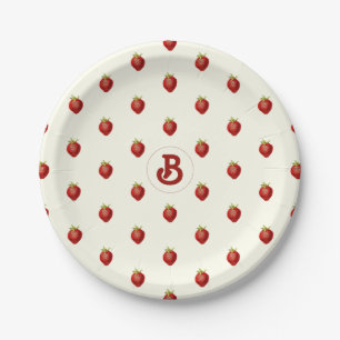 Süßes Mädchen-Rot-Weiß-Erdbeeren-Name-Monogramm Pappteller